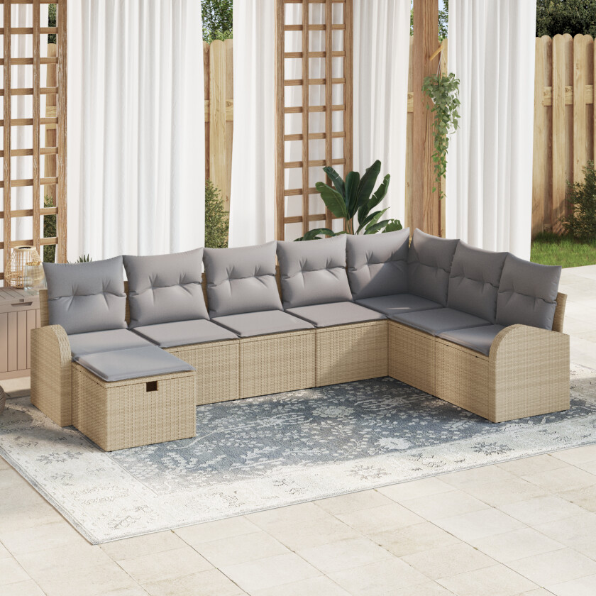 8-delers Hagesofa Sett med Puter Beige Poly Rattan, 2-seters Hagesofa med Oppbevaring & Puter Beige Poly Rattan