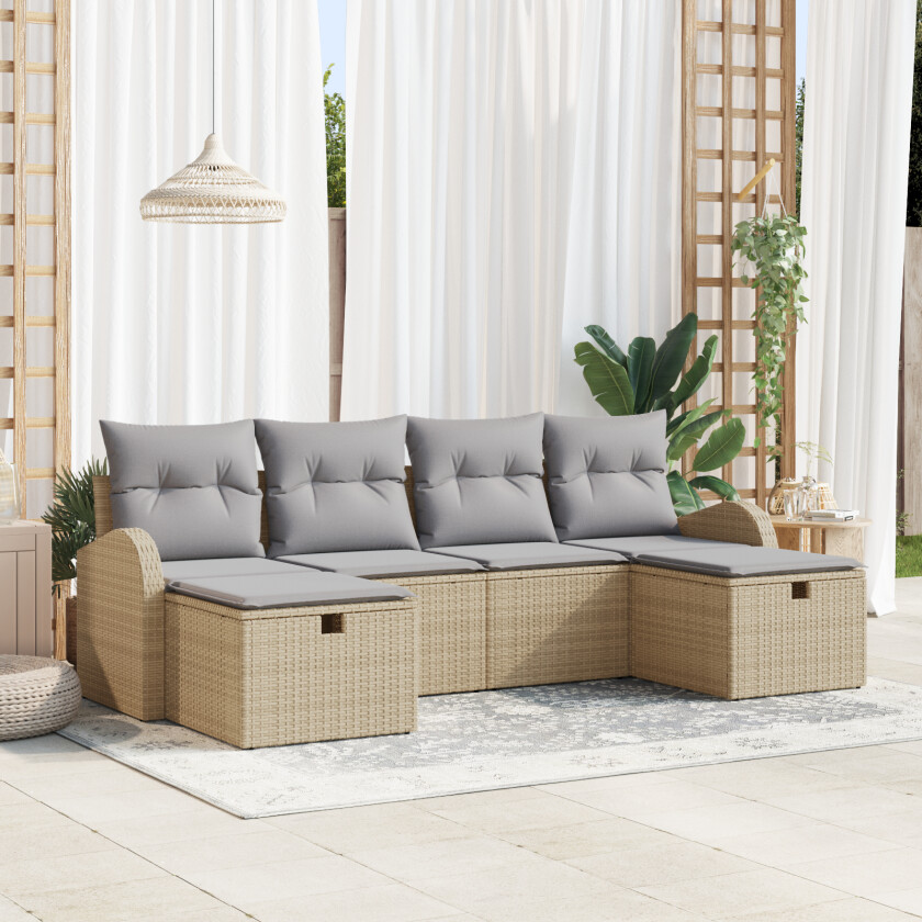 6-delt Hage Sofa Sett med Puter Beige Poly Rotting, 2-seters Hage Sofa med Oppbevaring og Puter Beige Poly Rotting