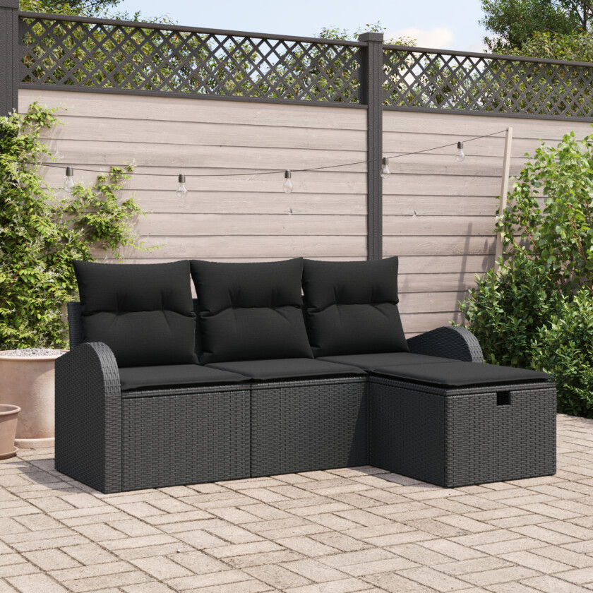4-delt hagesofa-sett med puter svart poly rattan, 2-seters hagesofa med oppbevaring og puter svart poly rattan