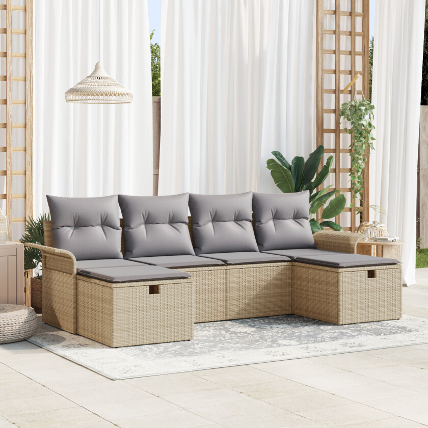 6-delt hagesofa sett med puter beige poly rattan, 2-seters hagesofa med oppbevaring & puter beige poly rattan