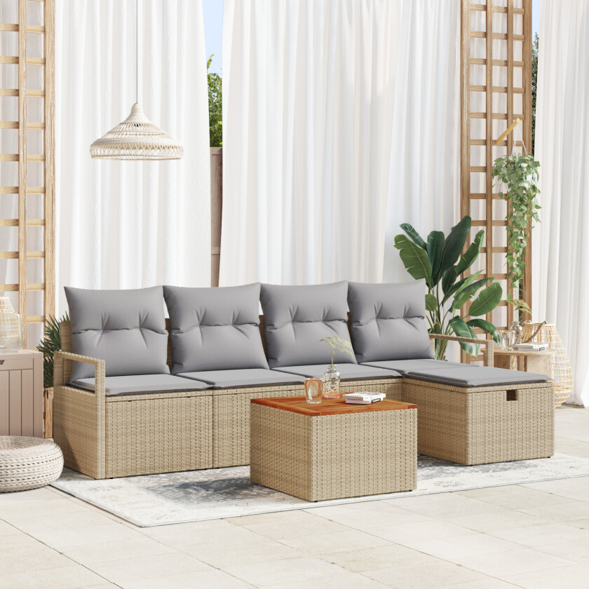 6-delt Hagesofa Sett med Puter Beige Poly Rattan, 2-seters Hagesofa med Puter Beige Poly Rattan