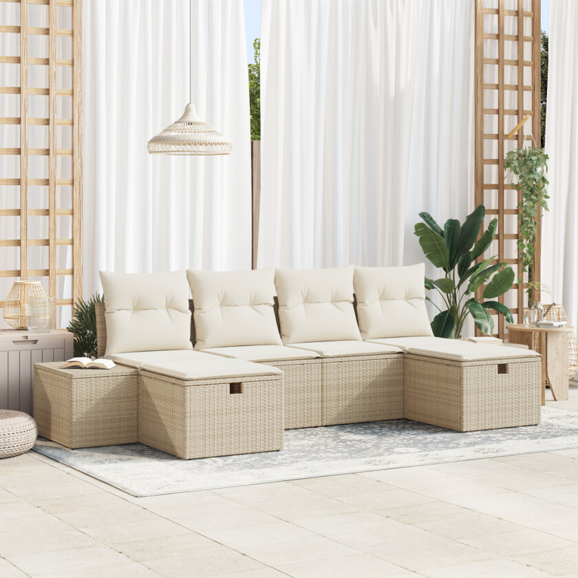 6-delt hagesofa set med puter beige poly rotting