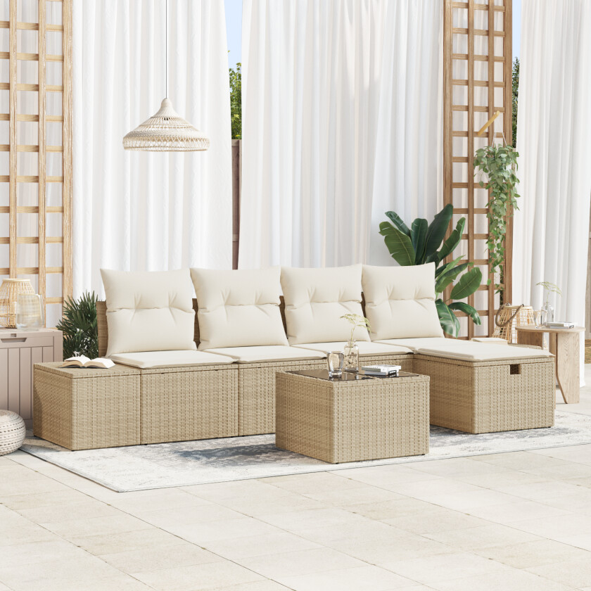 6-delt Hagemøbelsett med Puter Beige Poly Rattan