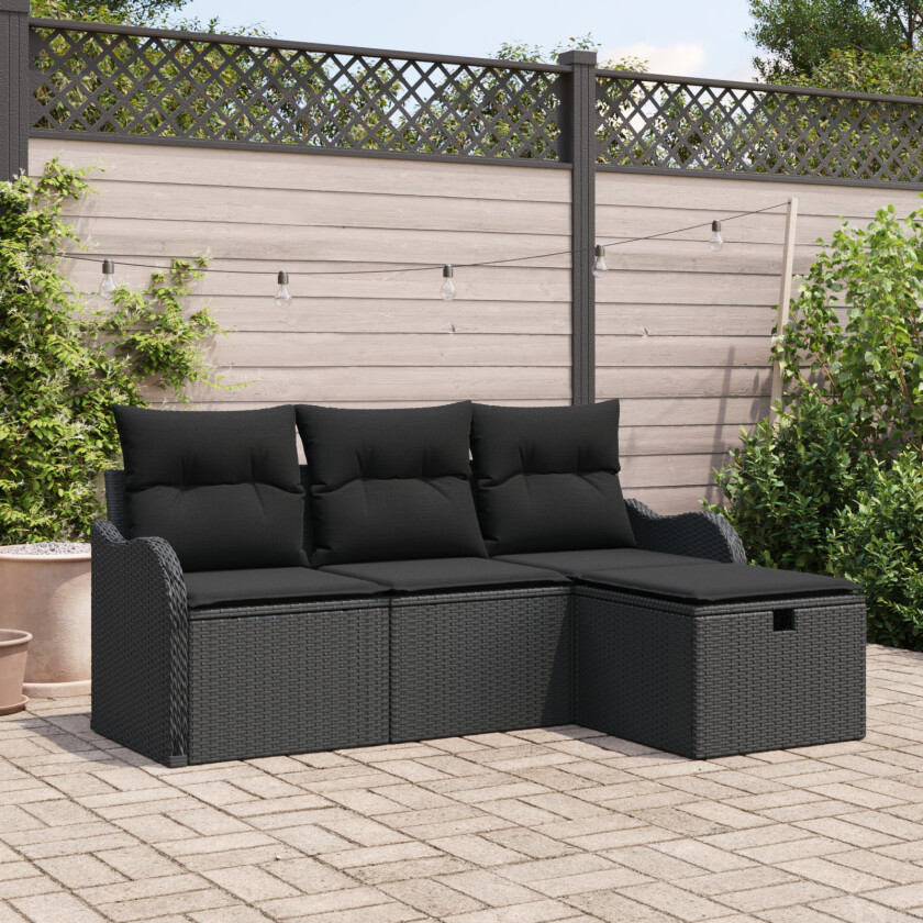 4-delt Hage Sofa Sett med Puter Svart Poly Rattan, 2-seters Hage Sofa med Puter Svart Poly Rattan
