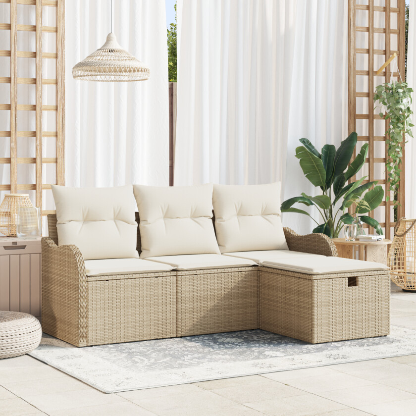 4 Delers Hage Sofa Sett med Puter Beige Poly Rattan, 2-seter Hage Sofa med Puter Beige Poly Rattan