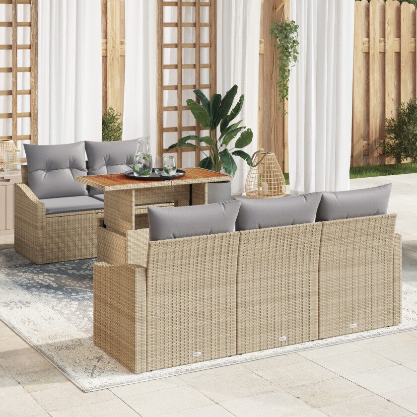 6 Delt Hagemøbelsett med Puter Beige Poly Rattan