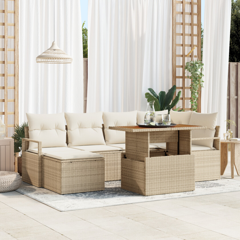 7-delt Hagesofa-sett med Puter Beige Poly Rattan, 2-seters Hagesofa med Oppbevaring & Puter Beige Poly Rattan
