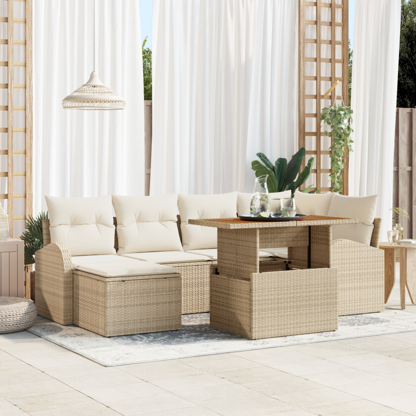 7 Delt Hage Sofa Sett med Puder Beige Poly Rattan, 2-seters Hage Sofa med Lagring & Puder Beige Poly Rattan