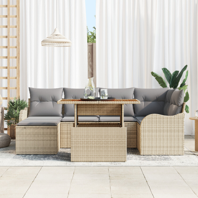 7-delt Hagemøbelsett med Puter Beige Poly Rattan, 2-seters Hagesofa med lagring & puter Beige Poly Rattan