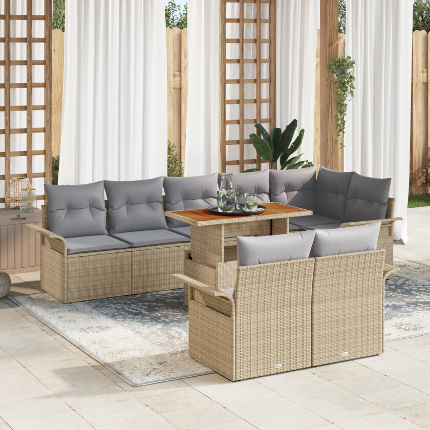 9 Delers Hage Sofa Sett med Puter Beige Poly Rattan, 2-seters Hage Sofa med Oppbevaring & Puter Beige Poly Rattan