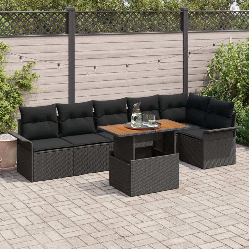 7-delt hagesofa-sett med puter svart poly rattan, 2-seters hagesofa med oppbevaring og puter svart poly rattan
