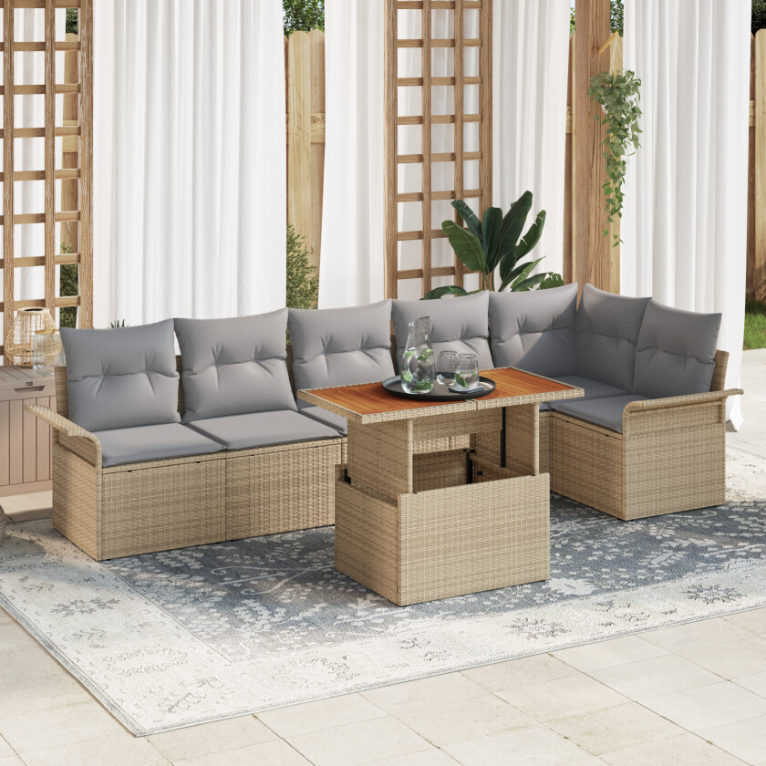 7-delt Hage Sofa Set med Puter Beige Poly Rattan, 2-seters Hage Sofa med Oppbevaring & Puter Beige Poly Rattan