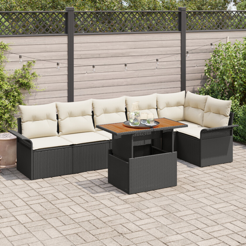 7 Delt Hagesofa Set med Puter Svart Poly Rattan, 2-seters Hagesofa med Oppbevaring & Puter Svart Poly Rattan