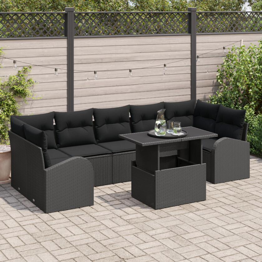 8 Delers Hage Sofa Set med Puter Svart Poly Rattan, 2-seters Hage Sofa med Lagring og Puter Svart Poly Rattan