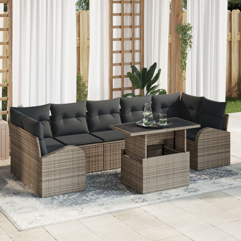 8 Delt Hage Sofa Sett med Puter Grå Poly Rattan, 2-seter Hage Sofa med Oppbevaring & Puter Grå Poly Rattan