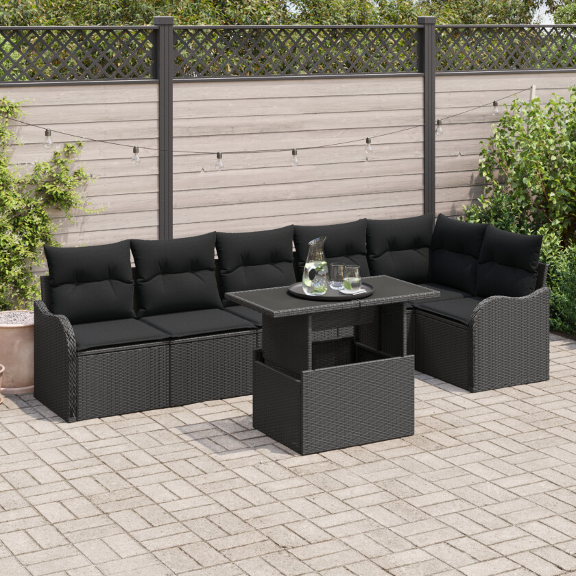 7 Delers Hage Sofa Sett Med Puter Svart Poly Rattan, 2-seters Hage Sofa Med Oppbevaring & Puter Svart Poly Rattan