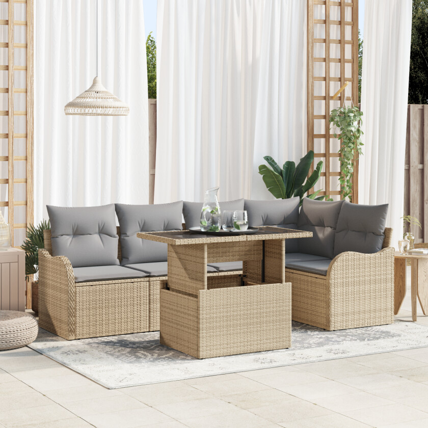 6 Delt Hage Sofa Sett med Puter Beige Poly Rattan, 2-seters Hage Sofa med Puter Beige Poly Rattan