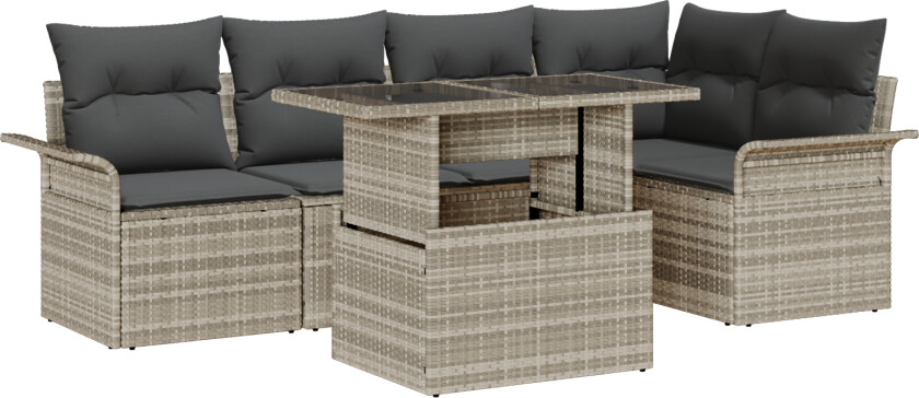 6-delt hagemøbelsett med puter i lysegrå polyrotting, 2-seter hage sofa med lagring og puter i lysegrå polyrotting