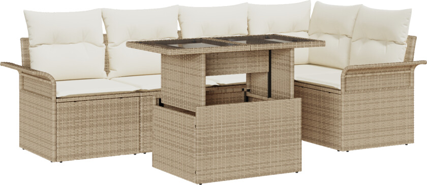6-delt Hagesofa Sett med Puter Beige Poly Rattan, 2-seters Hagesofa med Oppbevaring & Puter Beige Poly Rattan