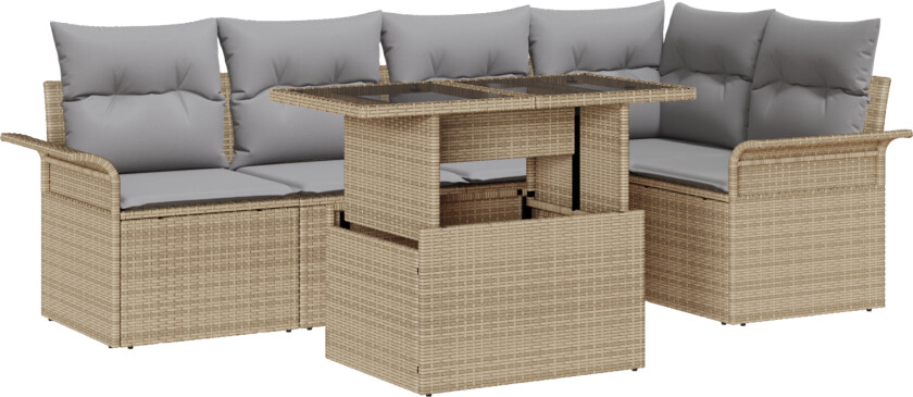 6 Delt Hagesofa Set med Puter Beige Poly Rattan, 2-seters Hagesofa med Lagring & Puter Beige Poly Rattan