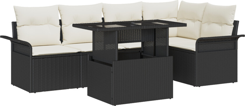 6 Delt Hagesofa Sett med Puter Svart Poly Rattan, 2-seters Hagesofa med Oppbevaring & Puter Svart Poly Rattan