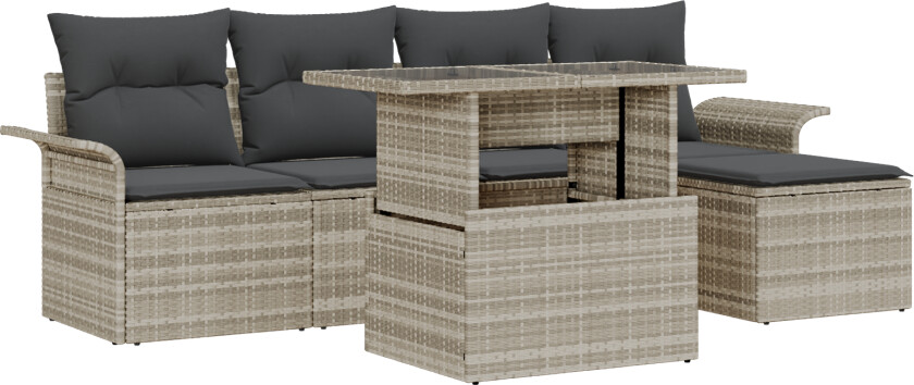 6-delt hagesofa sett med puter lys grå poly rotting, 2-seters hagesofa med oppbevaring og puter lys grå poly rotting