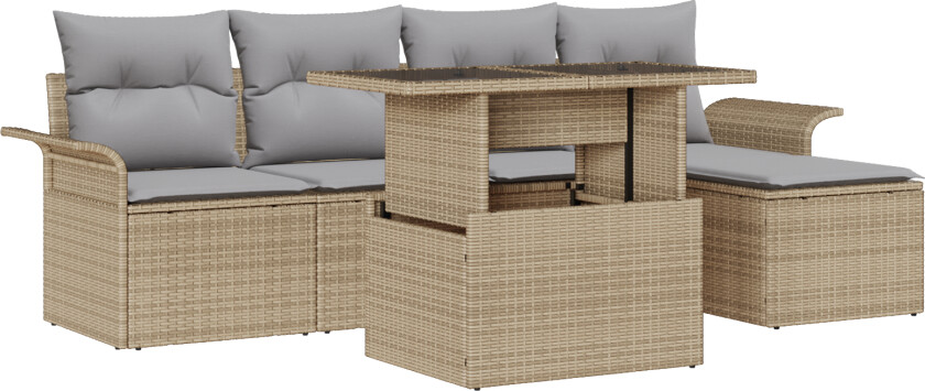 6 Delt Hage Sofa Sett med Puter Beige Poly Rattan, 2-seter Hage Sofa med Oppbevaring & Puter Beige Poly Rattan
