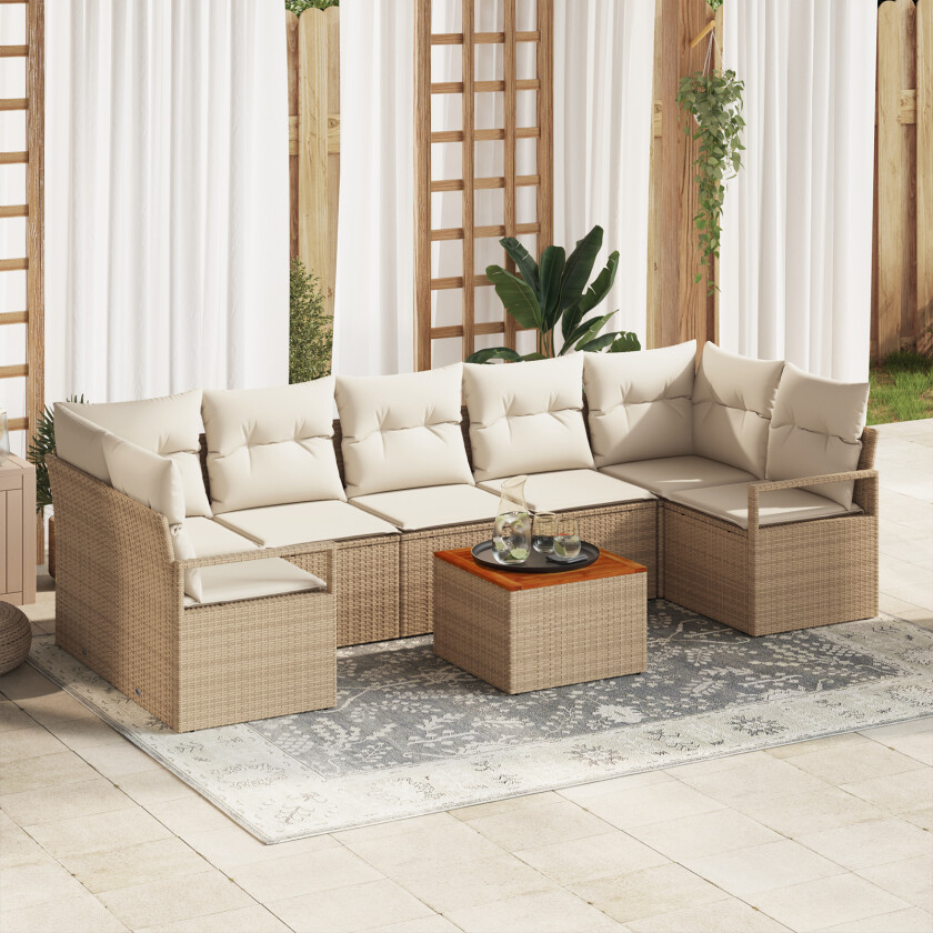 8 Delt Hage Sofa Sett med Puter Beige Poly Rattan Akasie, 2-seters Hage Sofa med Oppbevaring og Puter Beige Poly Rattan