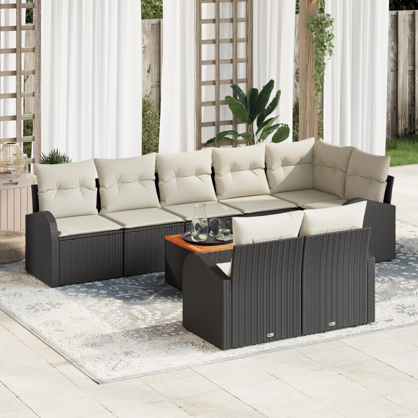 9 Delers Hage Sofa Sett med Puter Svart Poly Rattan Akasie, 2-seters Hage Sofa med Oppbevaring & Puter Svart Poly Rattan