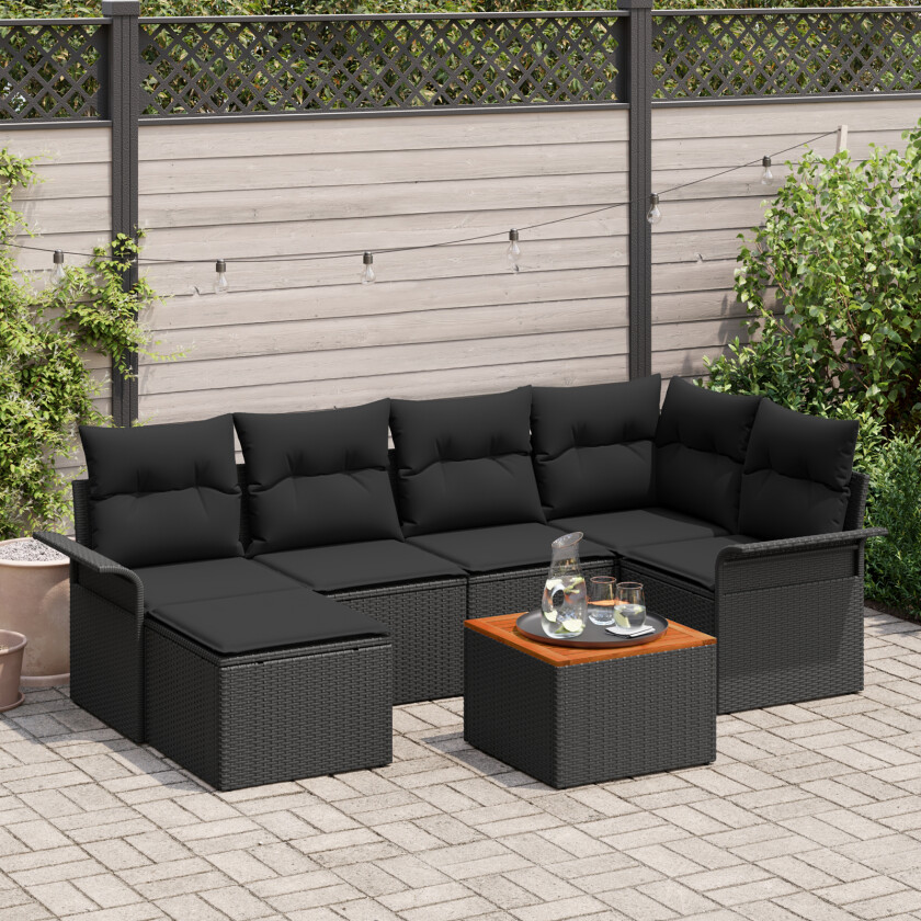 7 Delt Hage Sofa Sett med Puter Svart Poly Rattan Akasie, 2-seters Hage Sofa med Oppbevaring & Puter Svart Poly Rattan