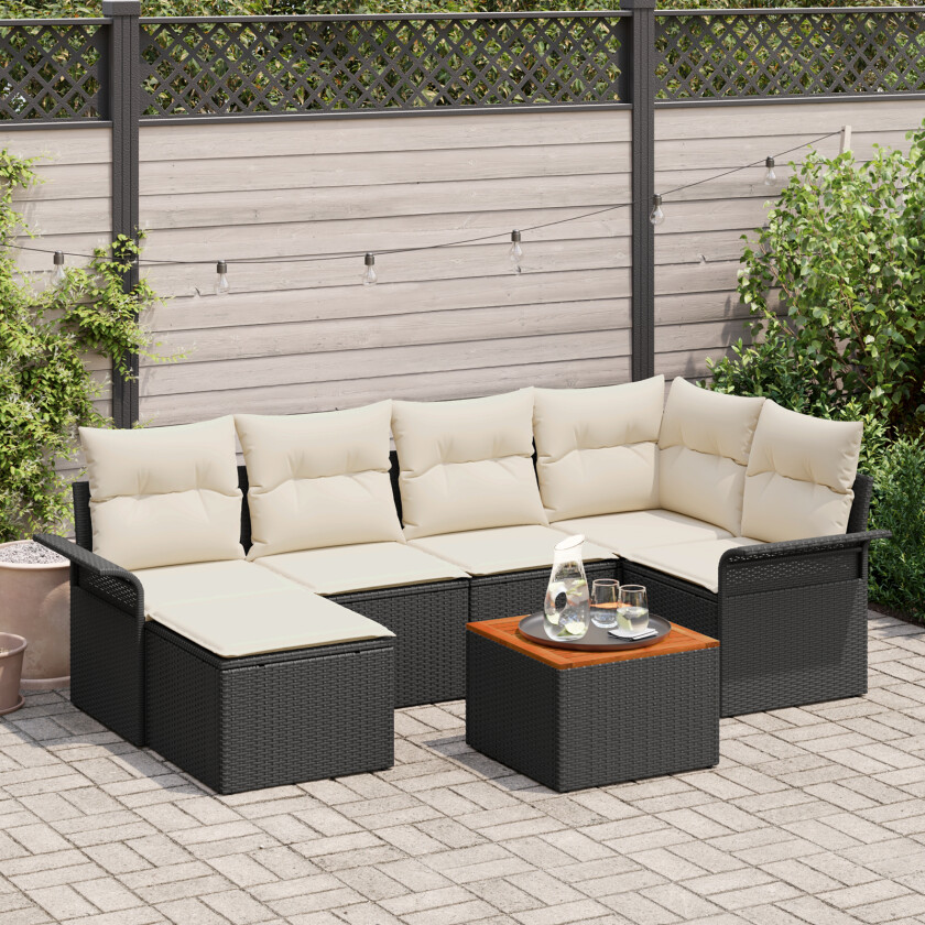 7 Delt Hage Sofa Sett med Puter Svart Poly Rattan Akacia, 2-seters Hage Sofa med Oppbevaring & Puter Svart Poly Rattan