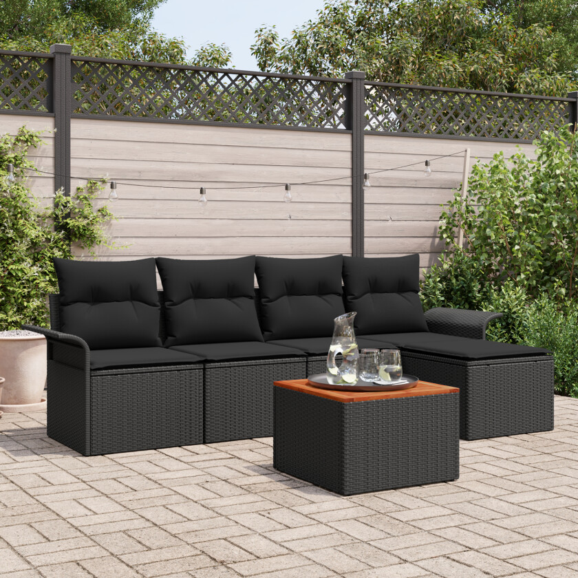 6 Delt Hage Sofa Set med Puter Svart Poly Rattan Akasietre, 2-seter Hage Sofa med Oppbevaring & Puter Svart Poly Rattan