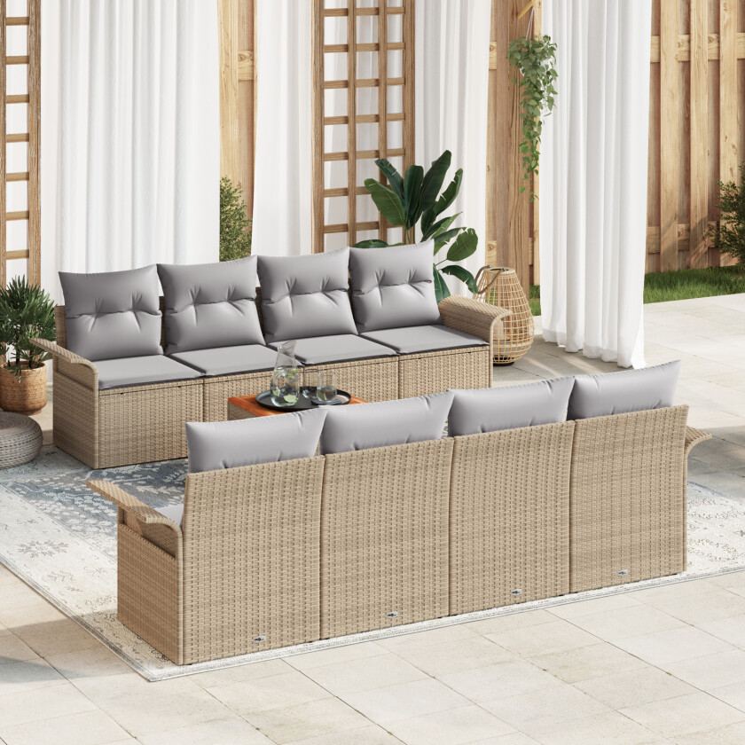 9-delt hage-sofagrupp med puter beige polyrotting akasie, 2-seters hage-sofa med oppbevaring og puter beige polyrotting