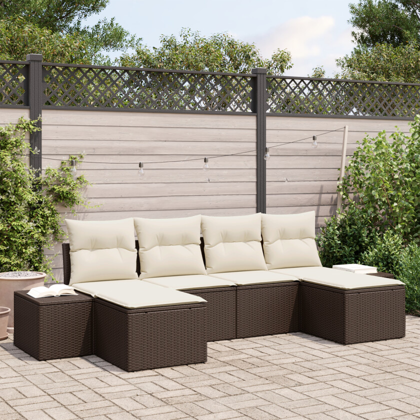 6 Delt Hagesofa Set med Puter Brun Poly Rattan