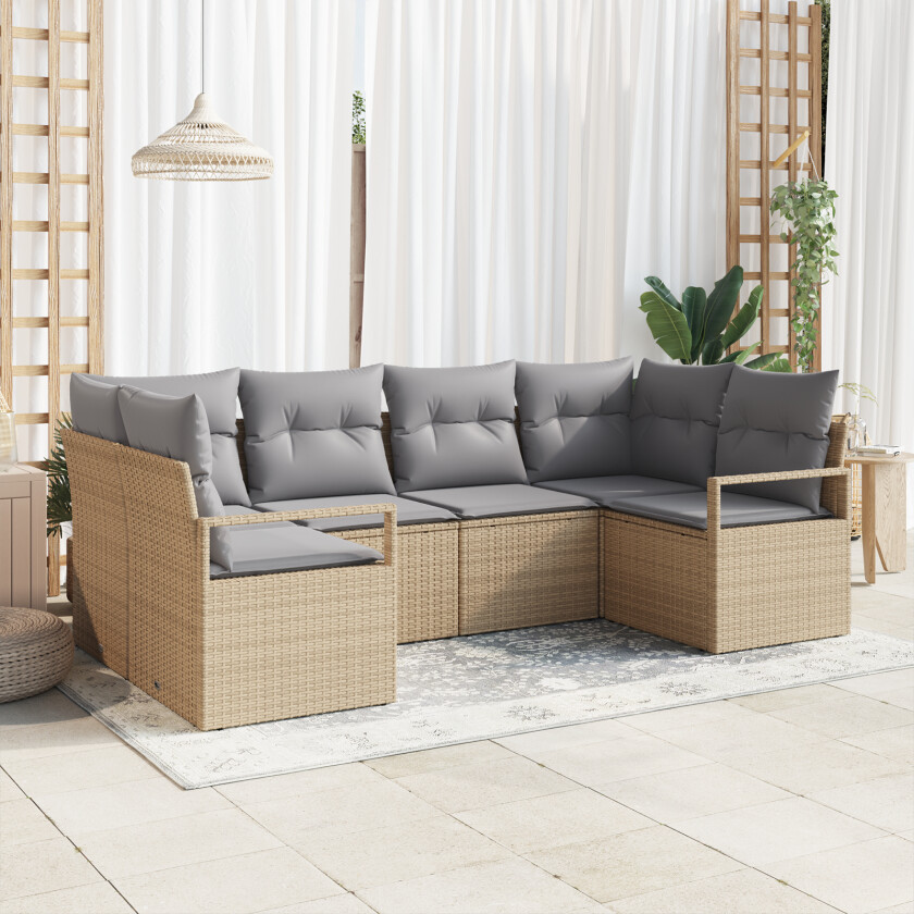 6-delt hagesofa sett med puter Beige poly rotting, 2-seters hagesofa med puter Beige poly rotting