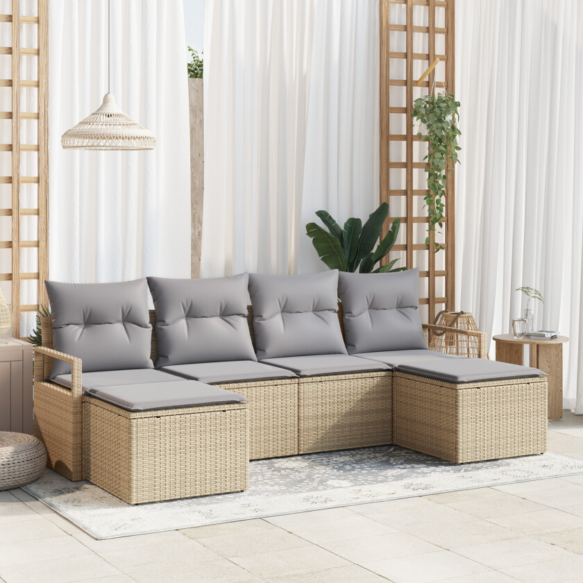 6 Delt Hagesofa Sett med Puter Beige Poly Rattan, 2-seters Hagesofa med Puter Beige Poly Rattan