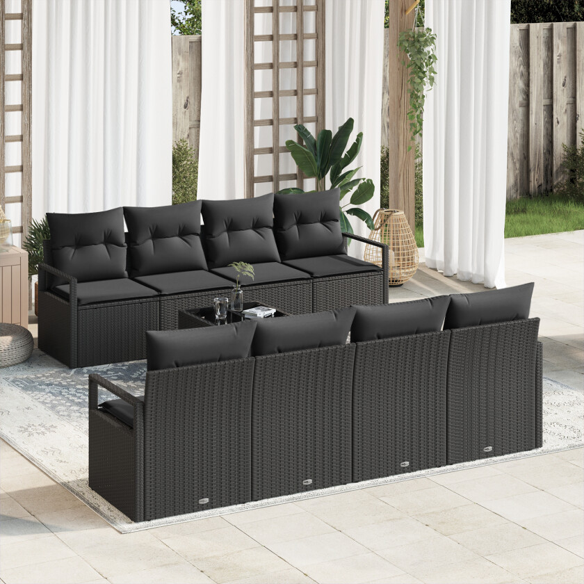 9-delt Hage Sofa Sett med Puter Svart Poly Rattan, 2-seters Hage Sofa med Oppbevaring & Puter Svart Poly Rattan