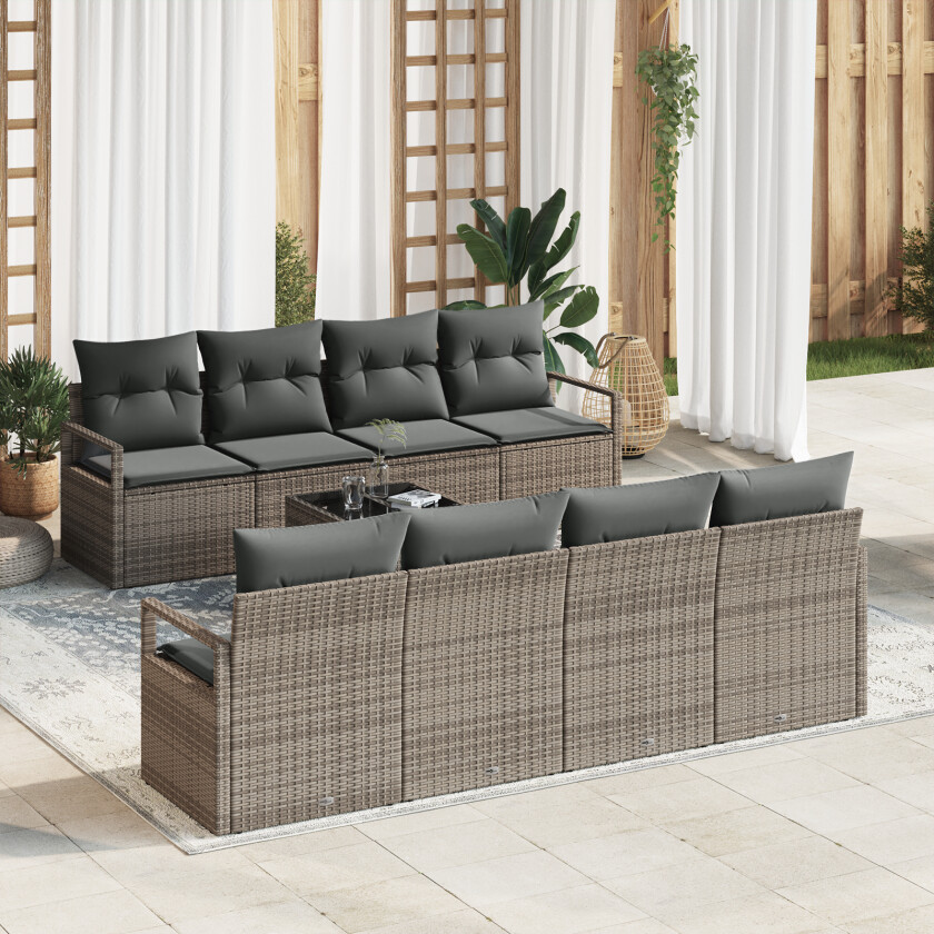 9-delt Hage Sofa Set med Puter Grå Poly Rattan, 2-seters Hage Sofa med Lager & Puter Grå Poly Rattan