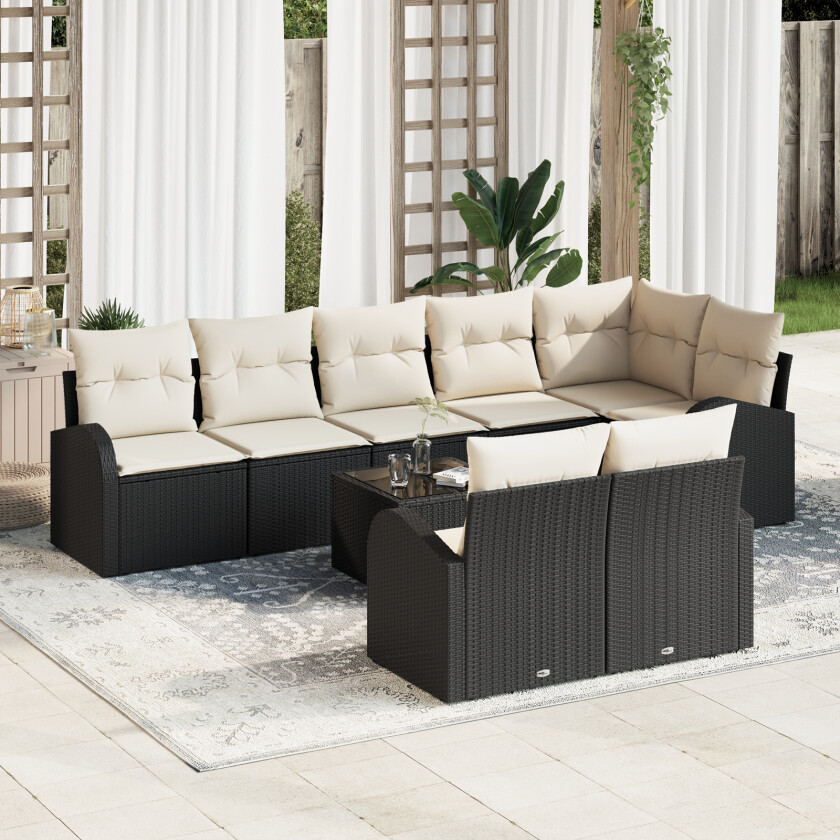 8 Delt Hage Sofa Sett med Puter Brun Poly Rattan, 2-seters Hage Sofa med Oppbevaring & Puter Svart Poly Rattan