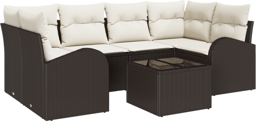 7-delt hagemøbelsett med puter Brun Polyrotting, 2-seters hagesofa med lagring og puter Brun Polyrotting