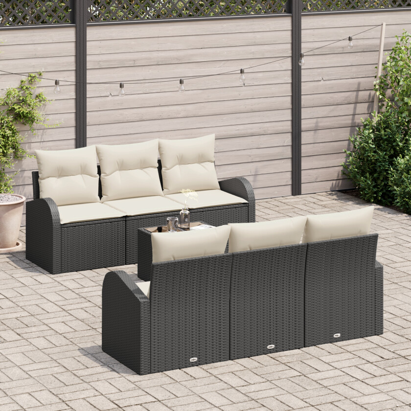 7 Stk Hage Sofa Set med Puter Svart Poly Rattan, 2-seter Hage Sofa med Lagring & Puter Svart Poly Rattan
