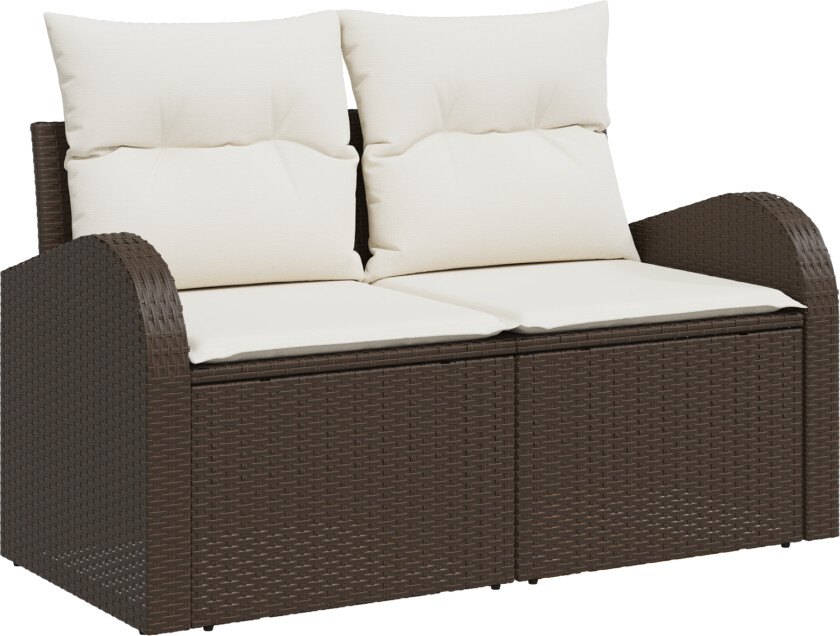 5-delt Hage Sofa Sett med Puter Brun Poly Rattan, 2-seter Hage Sofa med Oppbevaring & Puter Brun Poly Rattan