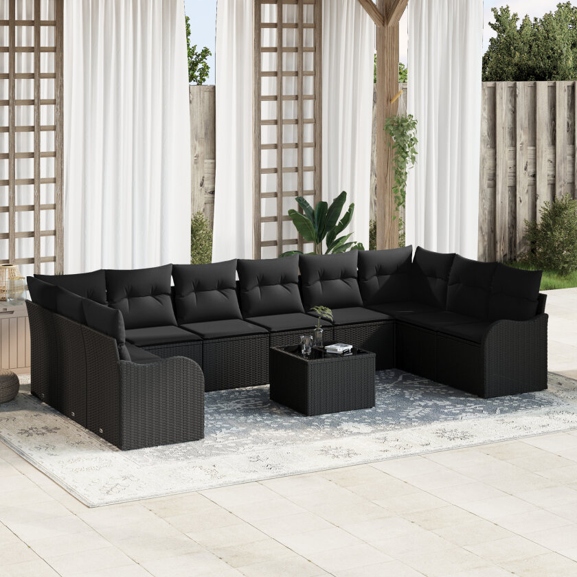 11 Delt Hage Sofa Sett med Puter Beige Poly Rottning, 2-seters Hage Sofa med Oppbevaring & Puter Svart Poly Rottning
