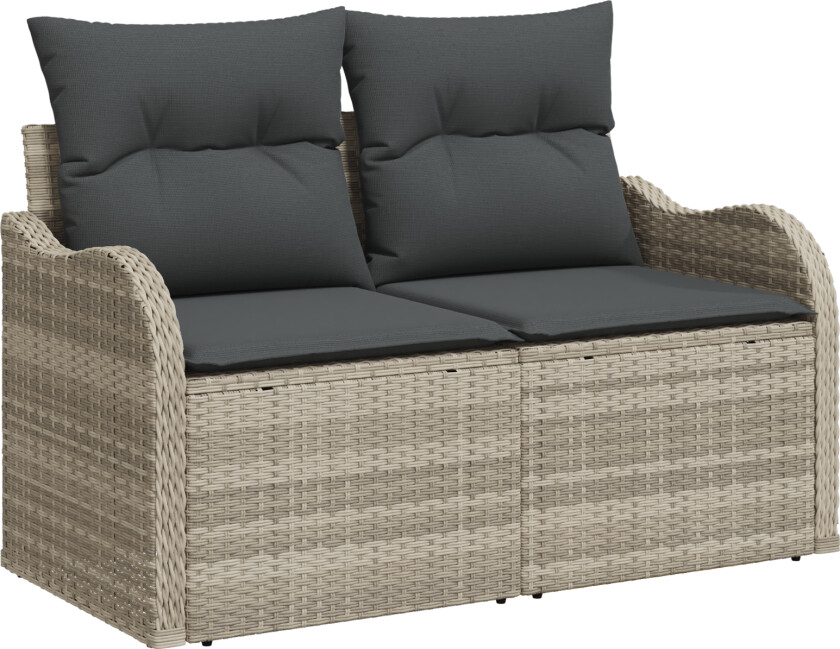 11-delt hage sofa sett med puter grå poly rattan, 2-seters hage sofa med lagring og puter lysegrå poly rattan