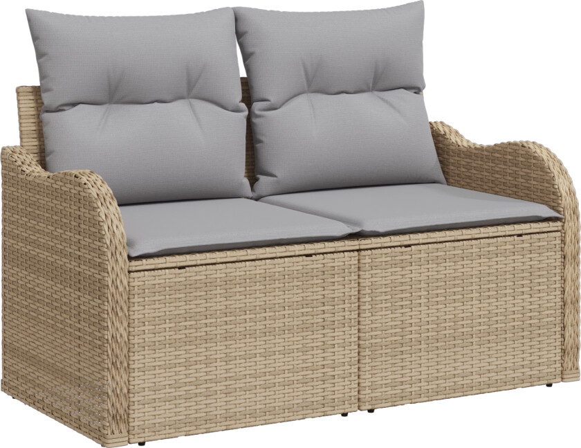 11 delers hagesofa sett med puter i svart poly rattan, 2-seters hagesofa med oppbevaring og puter i beige poly rattan