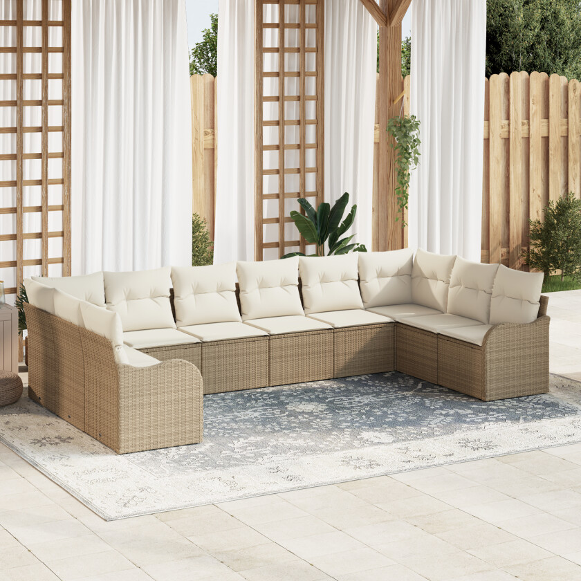 10 delers hagesofa-sett med puter beige poly rotting, 2-seters hagesofa med oppbevaring og puter beige poly rotting