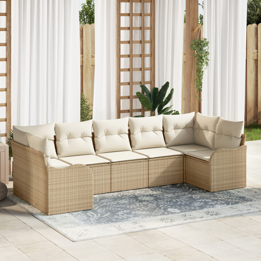 7-delt hagesofa-sett med puter beige poly rattan, 2-seters hagesofa med oppbevaring og puter beige poly rattan