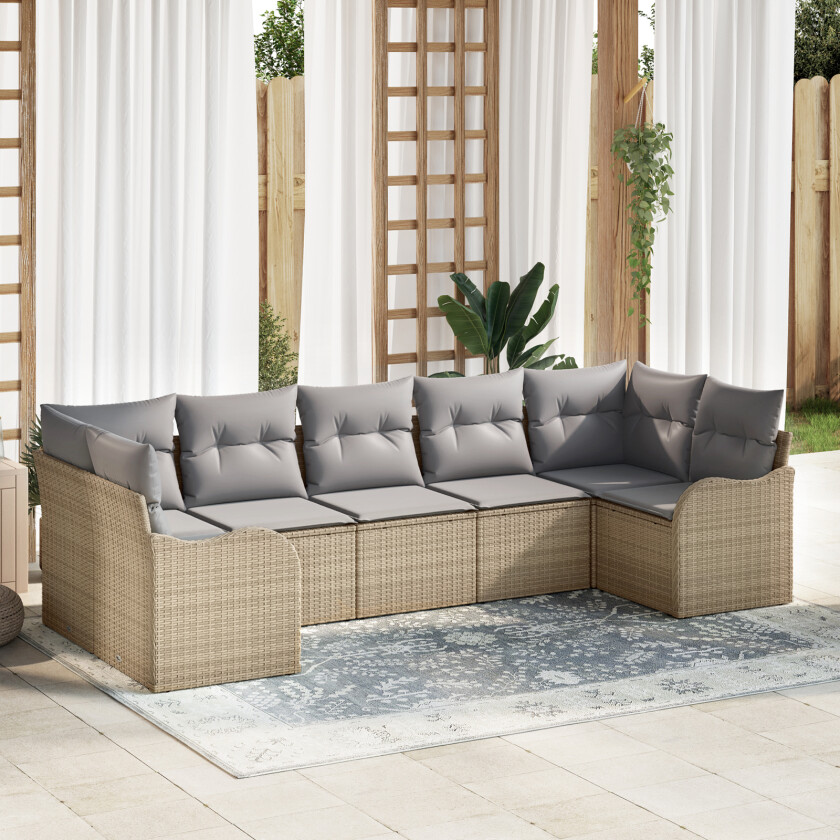 7 Delt Hage Sofa Sett med Puter Beige Poly Rattan, 2-seters Hage Sofa med Oppbevaring & Puter Beige Poly Rattan
