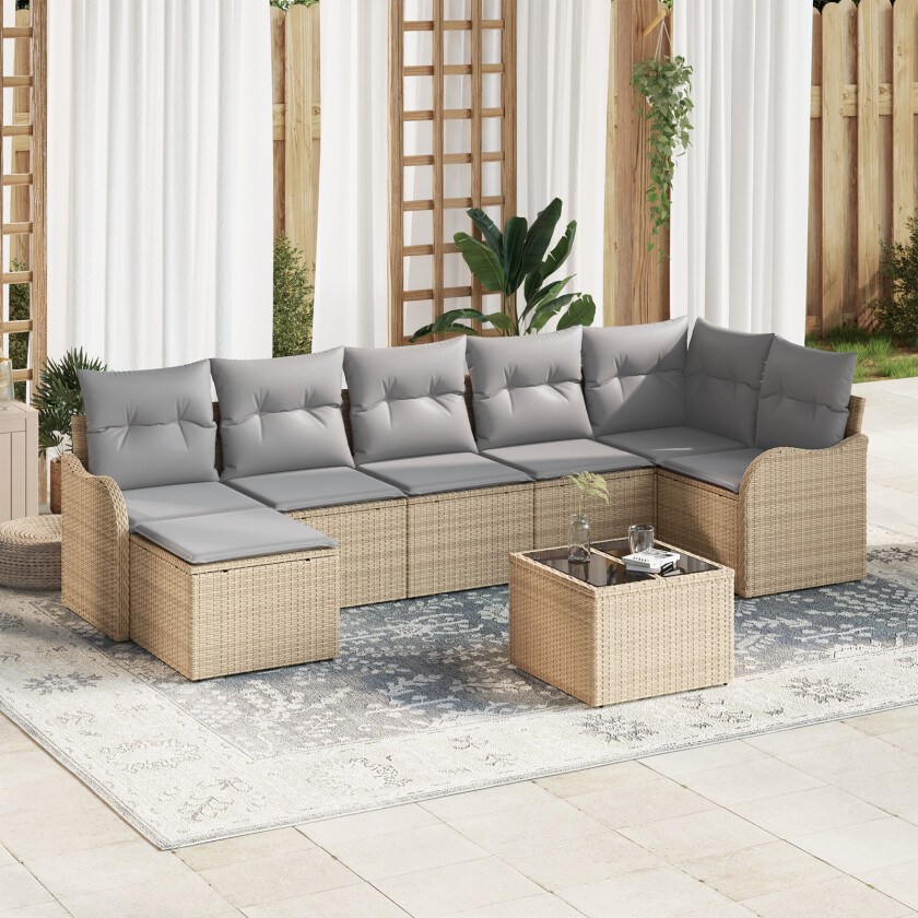 8 Delt Hage Sofa Sett Med Puter Svart Poly Rattan, 2-seters Hage Sofa Med Oppbevaring & Puter Beige Poly Rattan