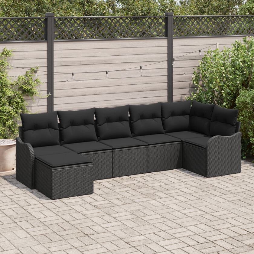 7-delers Hage Sofa Sett med Puter Svart Poly Rattan, 2-seters Hage Sofa med Oppbevaring & Puter Svart Poly Rattan